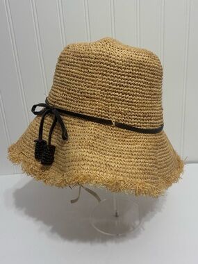 Tommy Bahama Raffia Straw Bucket Sun Hat With Frayed Brim and Tie Detail